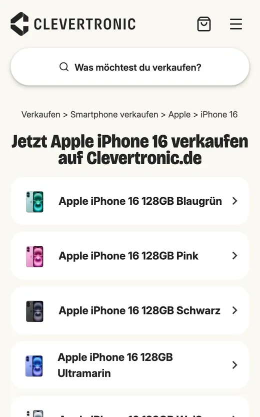 Clevertronic: Liste der iPhone-16-Varianten nach Speicher und Farbe