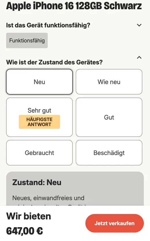 Clevertronic: Zustand „Neu“ ist gewählt, unten Preis und Knopf „Jetzt verkaufen“