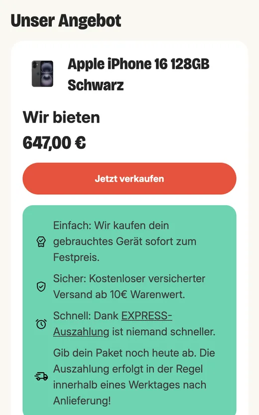 Clevertronic: Angebot für das iPhone 16 mit Knopf „Jetzt verkaufen“