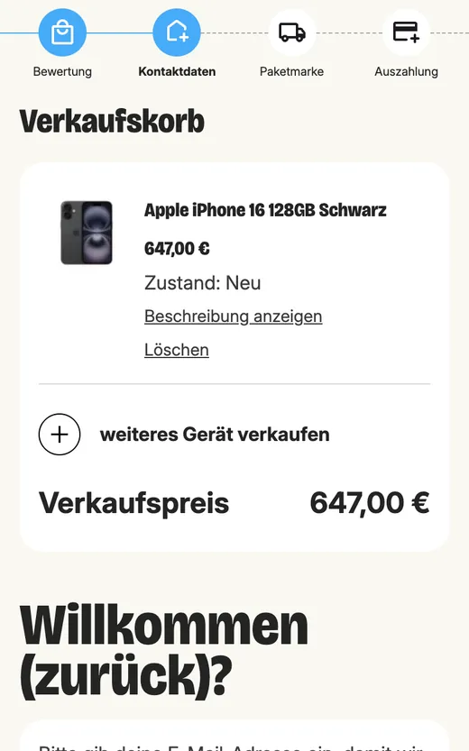 Clevertronic: Verkaufskorb mit den Schritten Bewertung, Kontaktdaten, Paketmarke, Auszahlung