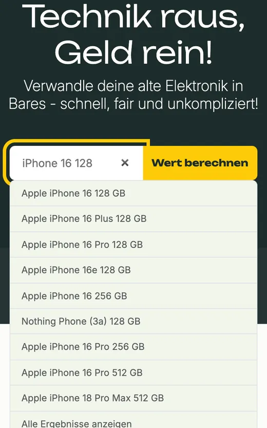 WIRKAUFENS: Suchfeld mit Vorschlägen zum iPhone 16