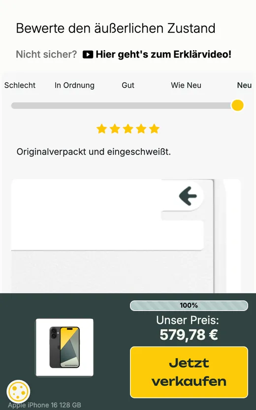 WIRKAUFENS: Zustandsregler auf „Neu“, unten Preis und Knopf „Jetzt verkaufen“