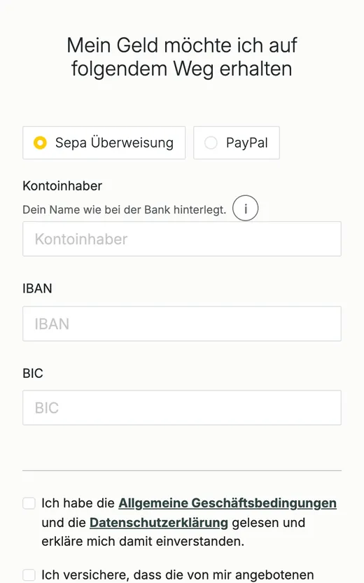 WIRKAUFENS: Auswahl Überweisung oder PayPal mit leeren Feldern