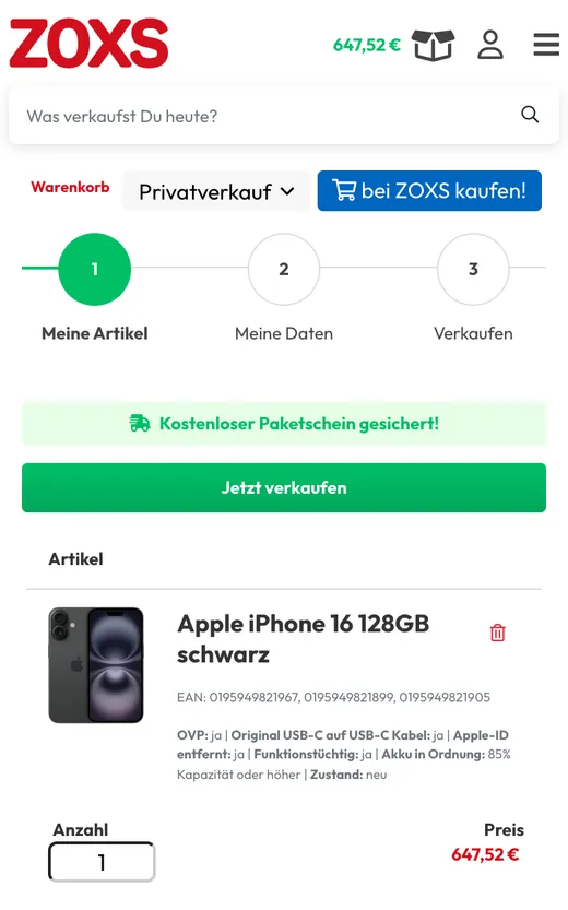 ZOXS: Verkaufskorb mit dem iPhone 16 und dem Hinweis auf den kostenlosen Paketschein