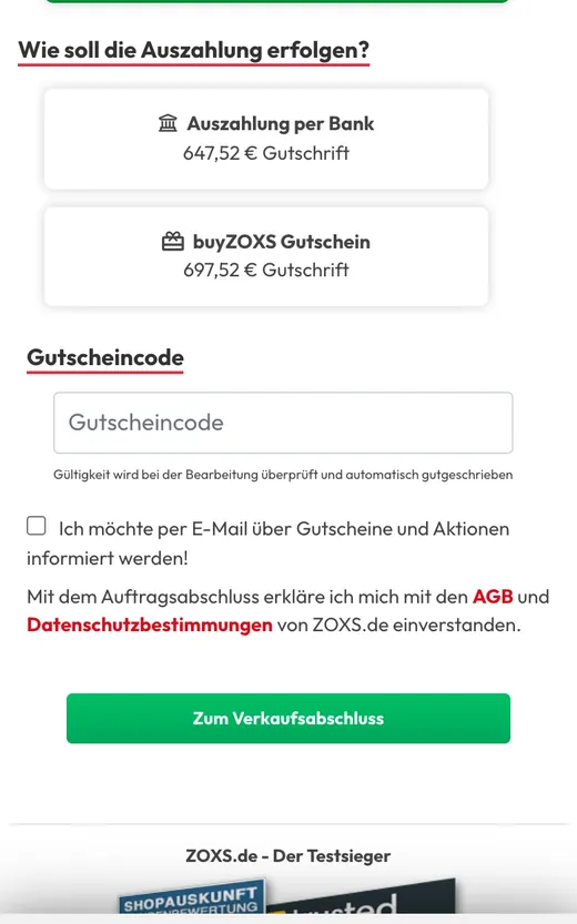 ZOXS: Auswahl Auszahlung per Bank oder buyZOXS-Gutschein, darunter „Zum Verkaufsabschluss“